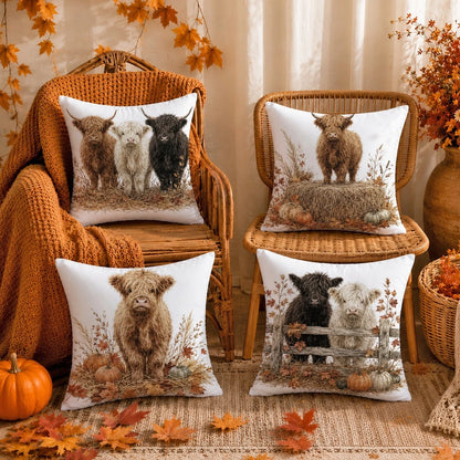 4pcs Autumn Highland Cow & Pumpkin Pattern Cushion Covers, Single-Sided Printed Skin-Friendly Peach Skin Velvet Material, 45*45CM Throw Pillow Covers Suitable For Room Decor, Indoor Sofa Living Room D