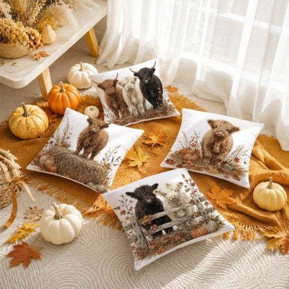 4pcs Autumn Highland Cow & Pumpkin Pattern Cushion Covers, Single-Sided Printed Skin-Friendly Peach Skin Velvet Material, 45*45CM Throw Pillow Covers Suitable For Room Decor, Indoor Sofa Living Room D