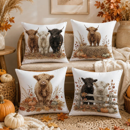 4pcs Autumn Highland Cow & Pumpkin Pattern Cushion Covers, Single-Sided Printed Skin-Friendly Peach Skin Velvet Material, 45*45CM Throw Pillow Covers Suitable For Room Decor, Indoor Sofa Living Room D