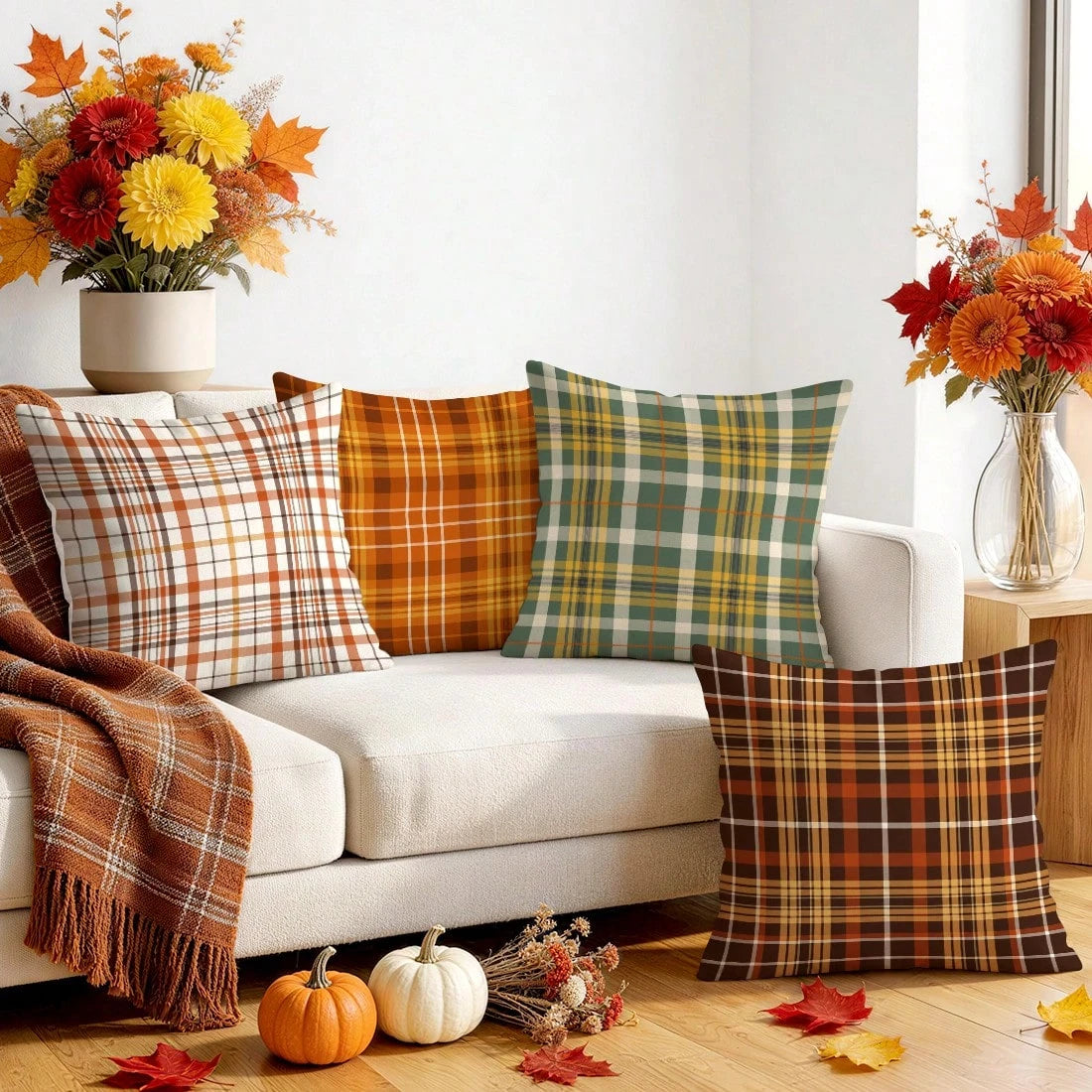 4pcs Autumn Plaid Pattern Pillow Covers Without Inserts, Single-Sided Printed Pillow Covers, Suitable For Living Room Bedroom Home Decor, All-Season Pillow Covers