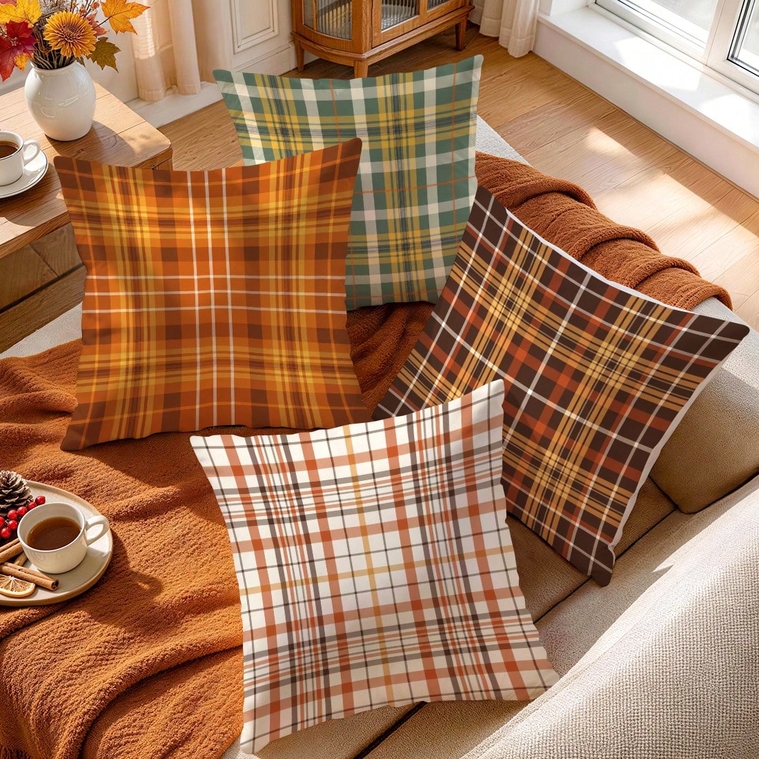 4pcs Autumn Plaid Pattern Pillow Covers Without Inserts, Single-Sided Printed Pillow Covers, Suitable For Living Room Bedroom Home Decor, All-Season Pillow Covers
