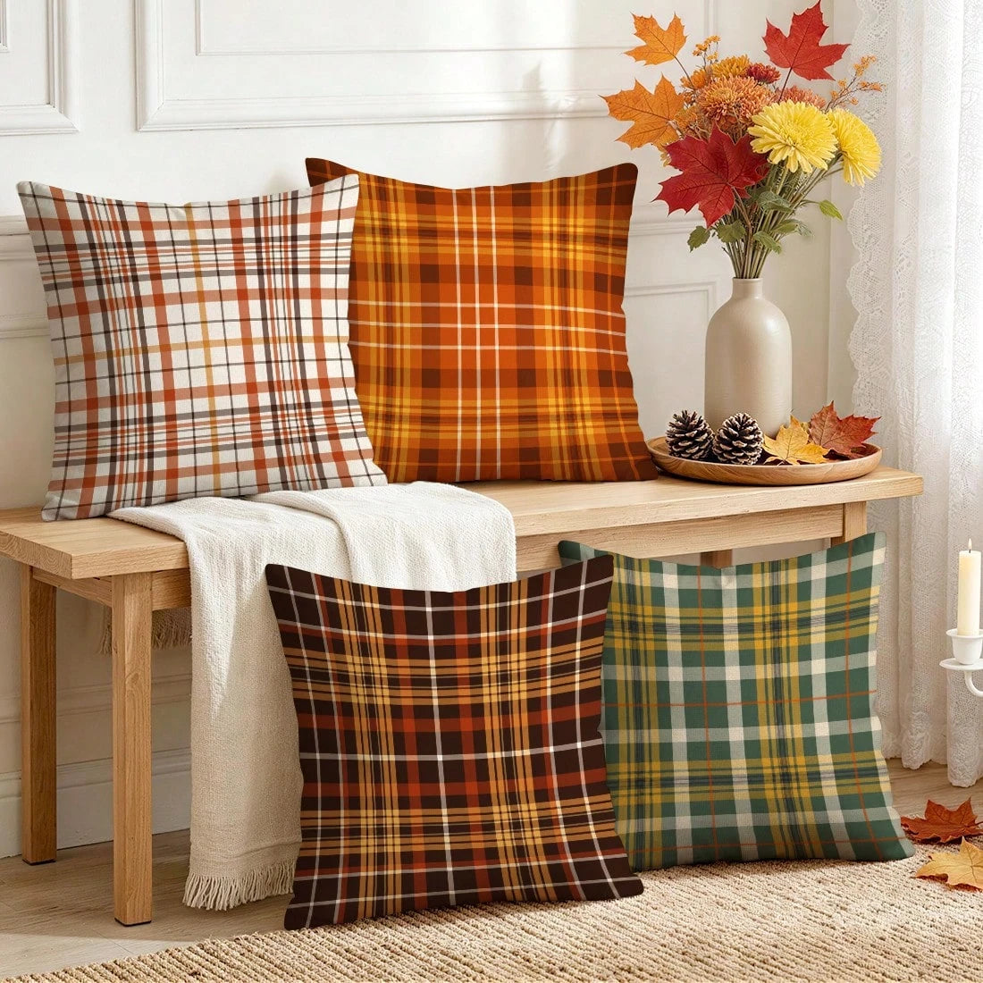 4pcs Autumn Plaid Pattern Pillow Covers Without Inserts, Single-Sided Printed Pillow Covers, Suitable For Living Room Bedroom Home Decor, All-Season Pillow Covers