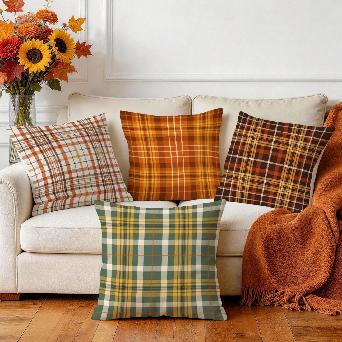 4pcs Autumn Plaid Pattern Pillow Covers Without Inserts, Single-Sided Printed Pillow Covers, Suitable For Living Room Bedroom Home Decor, All-Season Pillow Covers