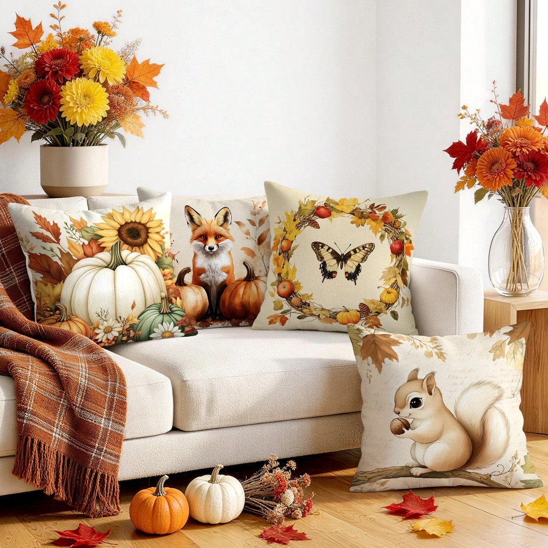 4pcs Autumn Vintage Harvest Pattern Pillow Covers, Single-Sided Printed Pillow Cases, Suitable For Living Room Bedroom Home Decor, All-Season Pillow Covers