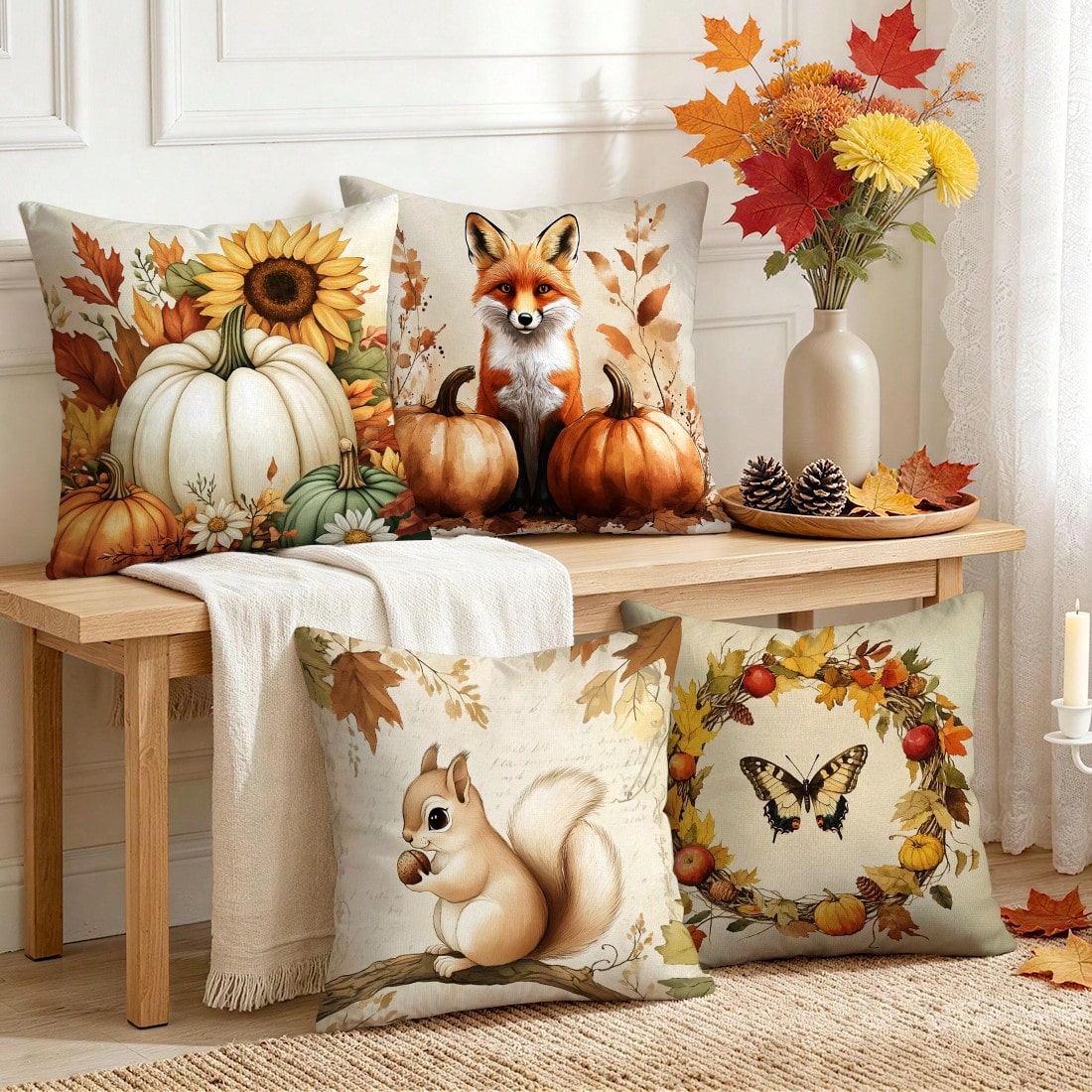 4pcs Autumn Vintage Harvest Pattern Pillow Covers, Single-Sided Printed Pillow Cases, Suitable For Living Room Bedroom Home Decor, All-Season Pillow Covers