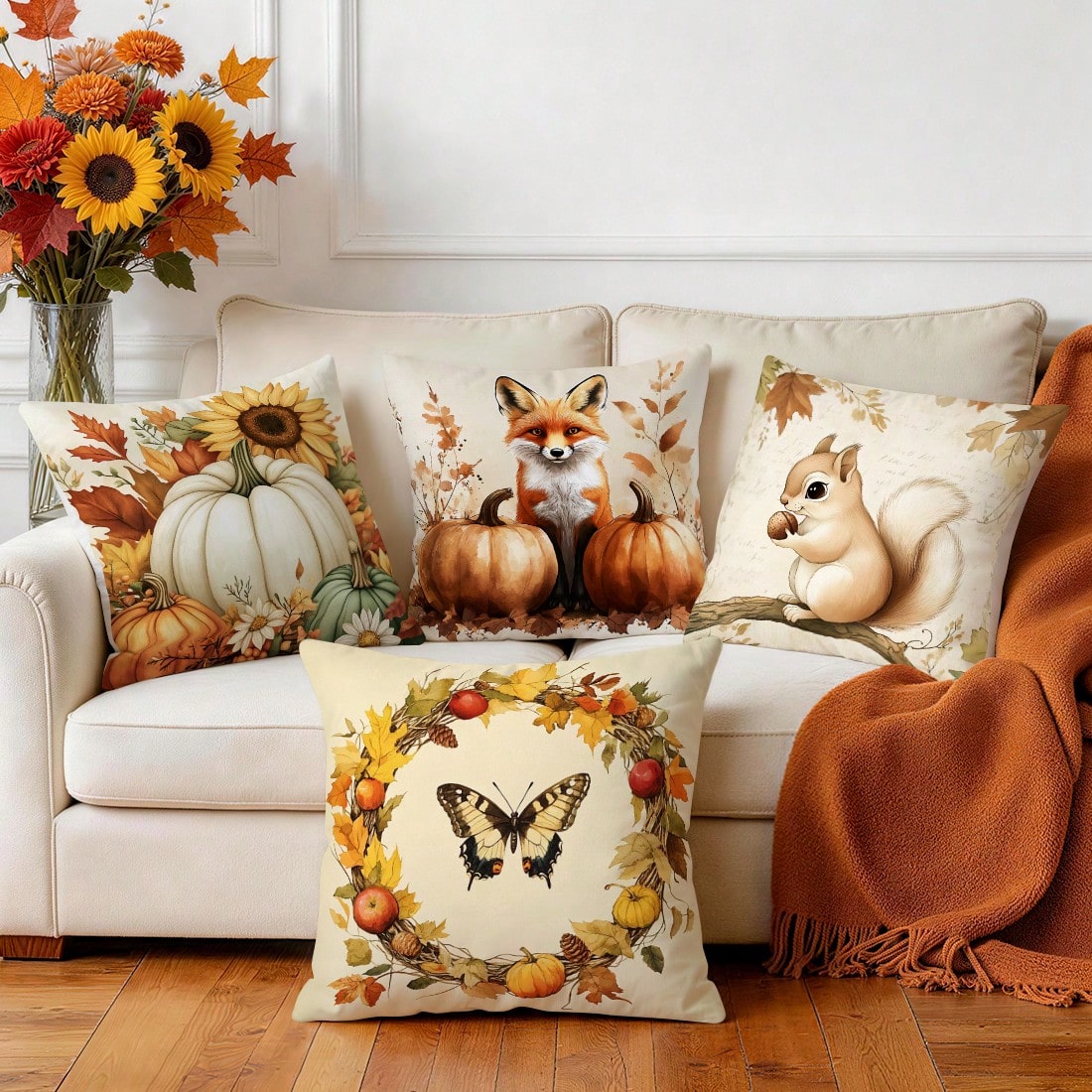 4pcs Autumn Vintage Harvest Pattern Pillow Covers, Single-Sided Printed Pillow Cases, Suitable For Living Room Bedroom Home Decor, All-Season Pillow Covers