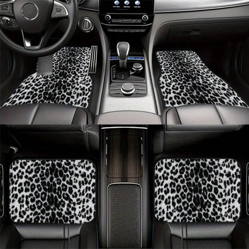 4Pcs Black And White Leopard Print Car Floor Mat, General Car Interior Mat, Durable Polyester Fiber, Suitable For All Kinds Of Cars And SUV Models, Interior Decoration Mat, Wear-Resistant And Non-Slip