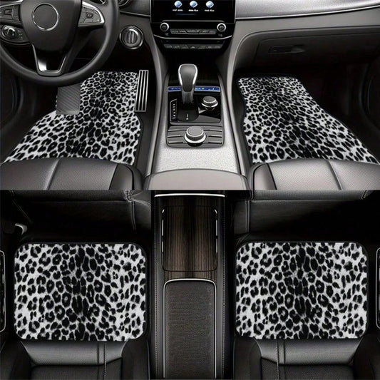 4Pcs Black And White Leopard Print Car Floor Mat, General Car Interior Mat, Durable Polyester Fiber, Suitable For All Kinds Of Cars And SUV Models, Interior Decoration Mat, Wear-Resistant And Non-Slip