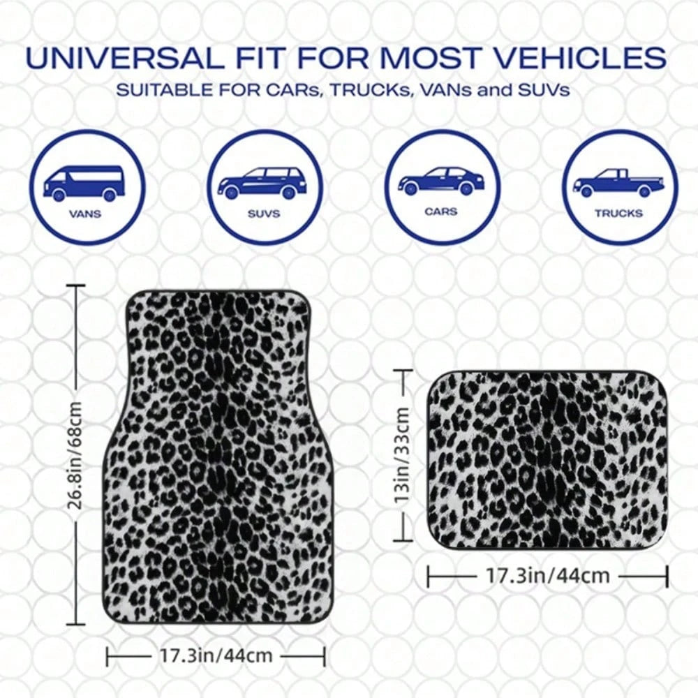 4Pcs Black And White Leopard Print Car Floor Mat, General Car Interior Mat, Durable Polyester Fiber, Suitable For All Kinds Of Cars And SUV Models, Interior Decoration Mat, Wear-Resistant And Non-Slip