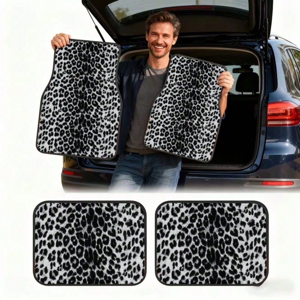 4Pcs Black And White Leopard Print Car Floor Mat, General Car Interior Mat, Durable Polyester Fiber, Suitable For All Kinds Of Cars And SUV Models, Interior Decoration Mat, Wear-Resistant And Non-Slip