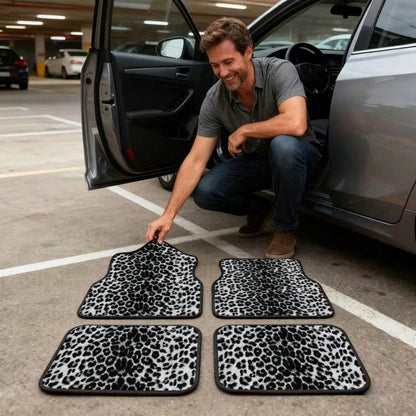 4Pcs Black And White Leopard Print Car Floor Mat, General Car Interior Mat, Durable Polyester Fiber, Suitable For All Kinds Of Cars And SUV Models, Interior Decoration Mat, Wear-Resistant And Non-Slip
