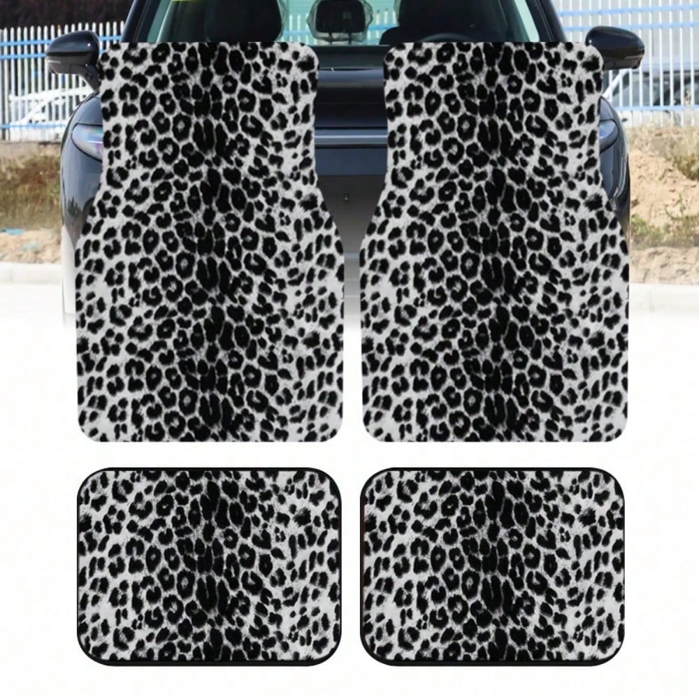 4Pcs Black And White Leopard Print Car Floor Mat, General Car Interior Mat, Durable Polyester Fiber, Suitable For All Kinds Of Cars And SUV Models, Interior Decoration Mat, Wear-Resistant And Non-Slip