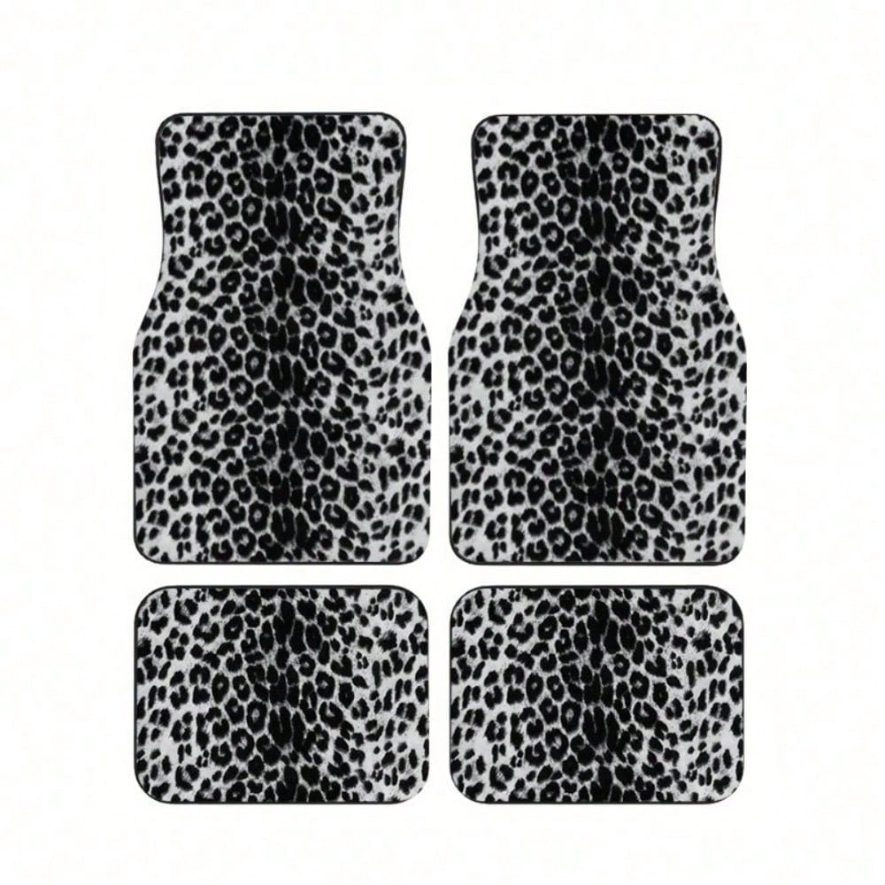 4Pcs Black And White Leopard Print Car Floor Mat, General Car Interior Mat, Durable Polyester Fiber, Suitable For All Kinds Of Cars And SUV Models, Interior Decoration Mat, Wear-Resistant And Non-Slip
