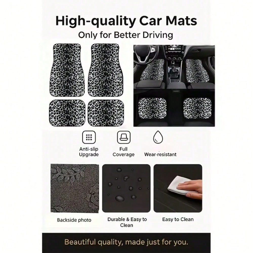 4Pcs Black And White Leopard Print Car Floor Mat, General Car Interior Mat, Durable Polyester Fiber, Suitable For All Kinds Of Cars And SUV Models, Interior Decoration Mat, Wear-Resistant And Non-Slip
