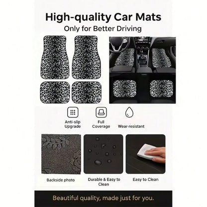 4Pcs Black And White Leopard Print Car Floor Mat, General Car Interior Mat, Durable Polyester Fiber, Suitable For All Kinds Of Cars And SUV Models, Interior Decoration Mat, Wear-Resistant And Non-Slip