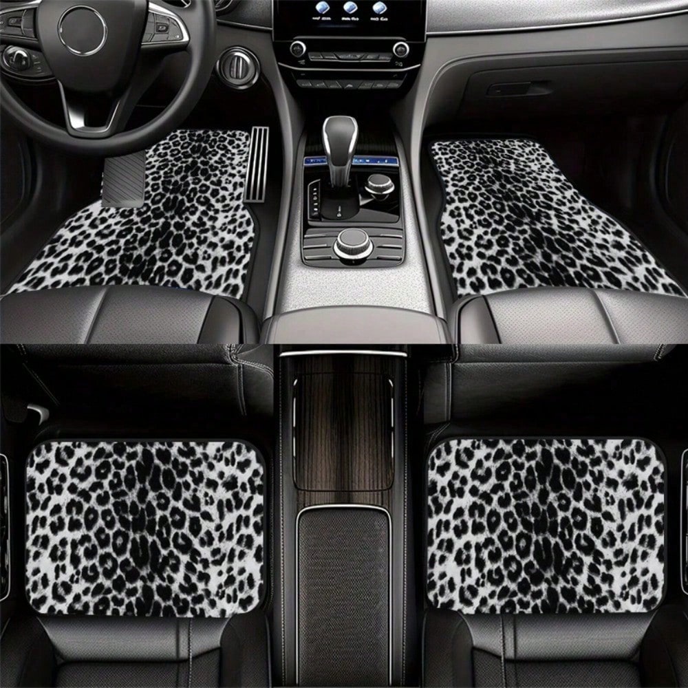 4Pcs Black And White Leopard Print Car Floor Mat, General Car Interior Mat, Durable Polyester Fiber, Suitable For All Kinds Of Cars And SUV Models, Interior Decoration Mat, Wear-Resistant And Non-Slip