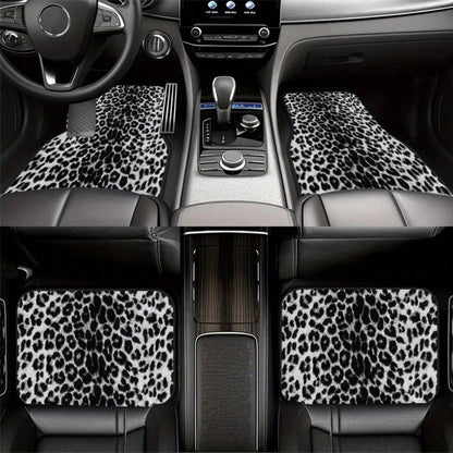 4Pcs Black And White Leopard Print Car Floor Mat, General Car Interior Mat, Durable Polyester Fiber, Suitable For All Kinds Of Cars And SUV Models, Interior Decoration Mat, Wear-Resistant And Non-Slip