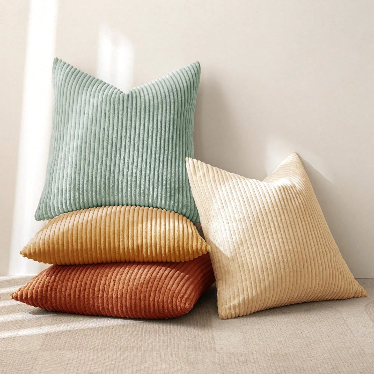 4pcs Bohemian Countryside Style Pillow Cover Set, Soft Corduroy Home Decor Cushion Covers For Sofa, Bed, Living Room In Spring, Green-Orange Ombre Series (Covers Only)