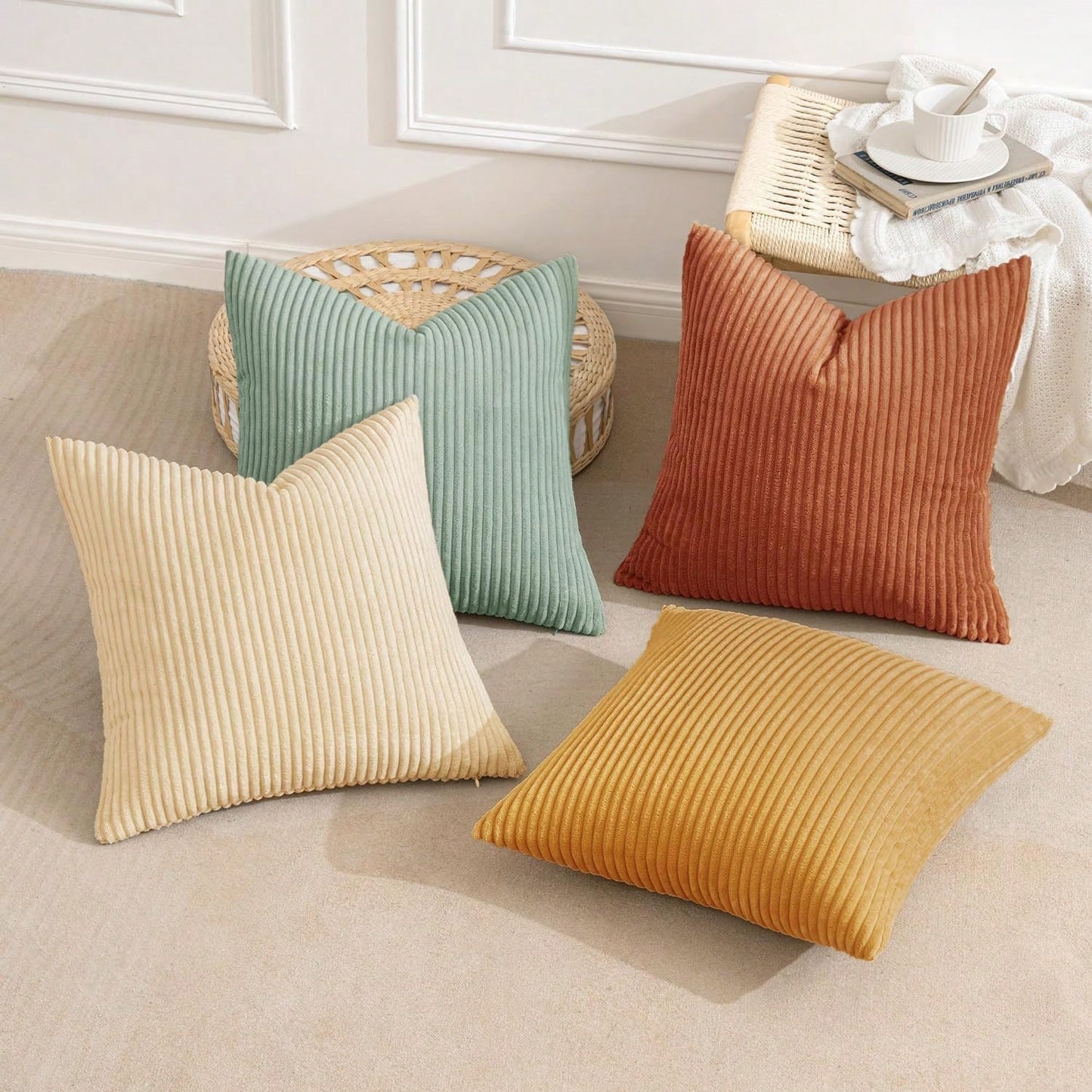 4pcs Bohemian Countryside Style Pillow Cover Set, Soft Corduroy Home Decor Cushion Covers For Sofa, Bed, Living Room In Spring, Green-Orange Ombre Series (Covers Only)