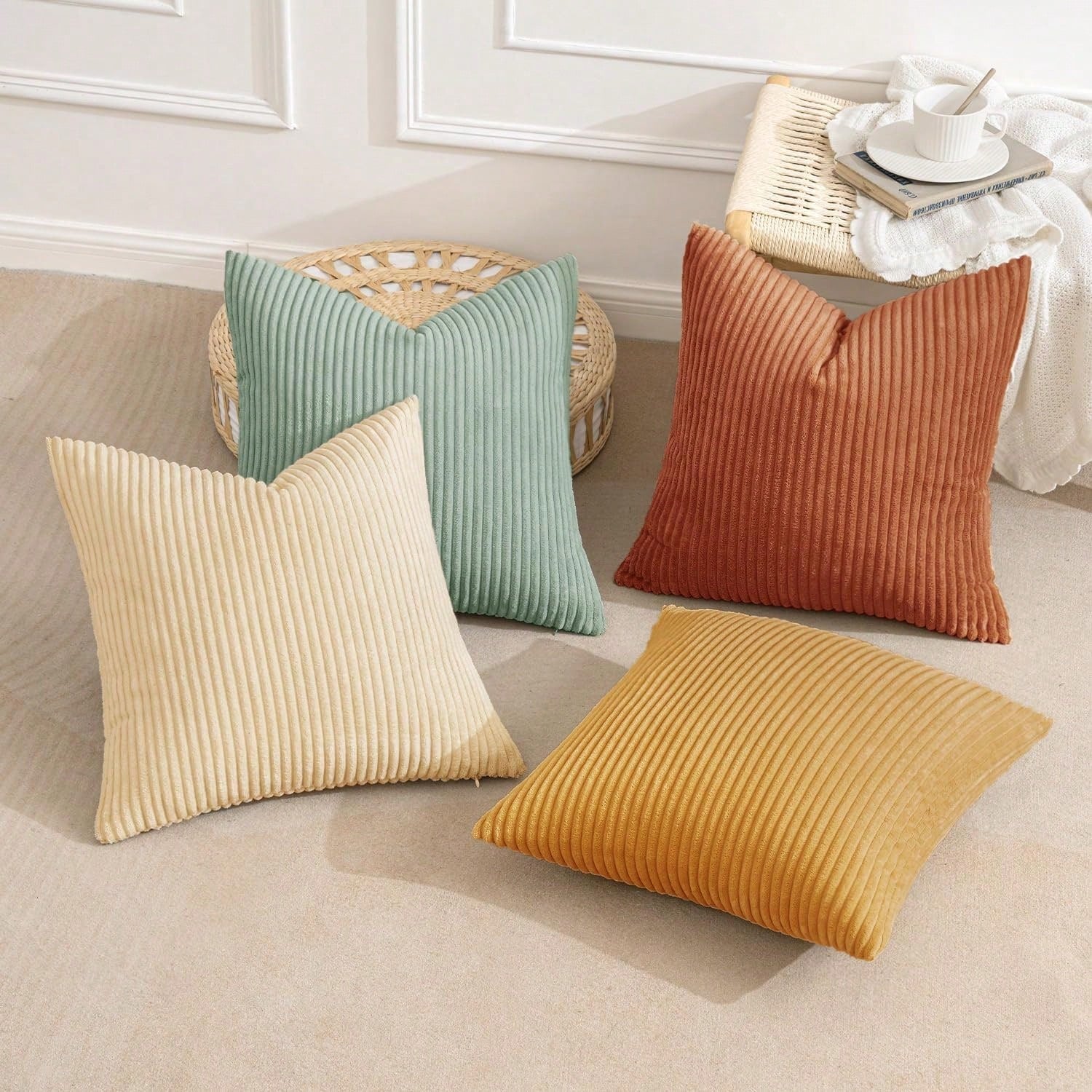 4pcs Bohemian Countryside Style Pillow Cover Set, Soft Corduroy Home Decor Cushion Covers For Sofa, Bed, Living Room In Spring, Green-Orange Ombre Series (Covers Only)