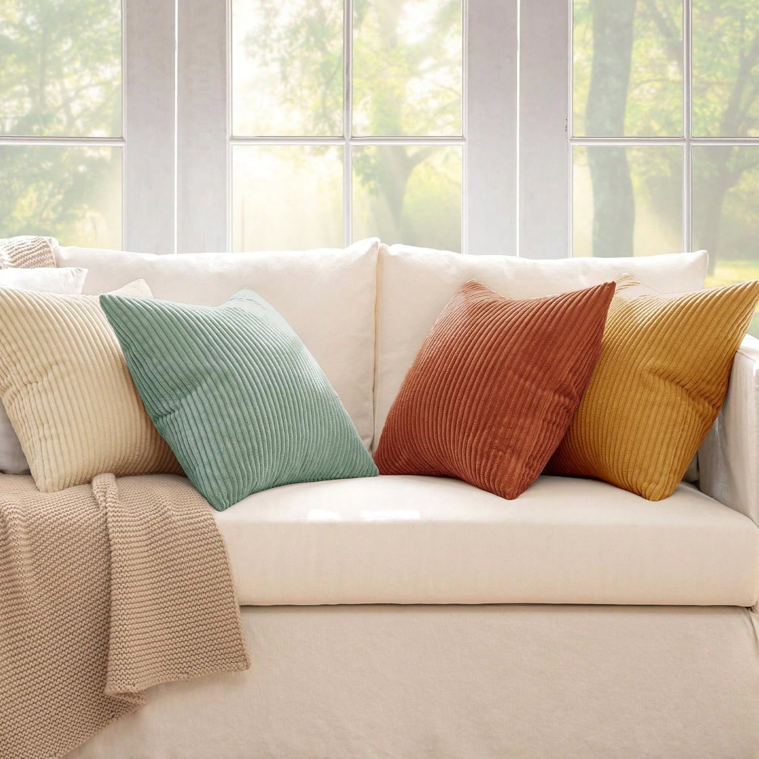 4pcs Bohemian Countryside Style Pillow Cover Set, Soft Corduroy Home Decor Cushion Covers For Sofa, Bed, Living Room In Spring, Green-Orange Ombre Series (Covers Only)