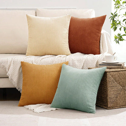 4pcs Bohemian Countryside Style Pillow Cover Set, Soft Corduroy Home Decor Cushion Covers For Sofa, Bed, Living Room In Spring, Green-Orange Ombre Series (Covers Only)