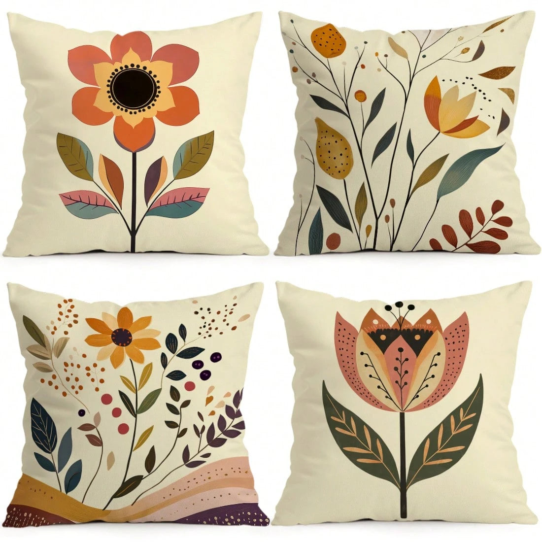 4pcs Bohemian Vintage Floral Pattern Pillow Covers Without Inserts, Single-Sided Printed Pillow Covers, Suitable For Living Room, Bedroom, Home Decor, All Season Pillow Covers