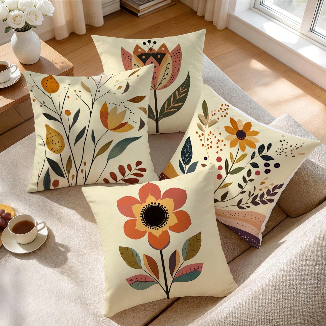 4pcs Bohemian Vintage Floral Pattern Pillow Covers Without Inserts, Single-Sided Printed Pillow Covers, Suitable For Living Room, Bedroom, Home Decor, All Season Pillow Covers