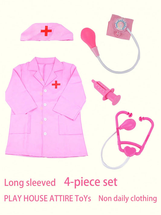 4pcs Doctor Role Play Costume Set In Pink(Long Sleeve Nurse Uniform+Stethoscope+Injection Syringe+Blood Pressure Monitor), Toys For Little Girls Age 3-6