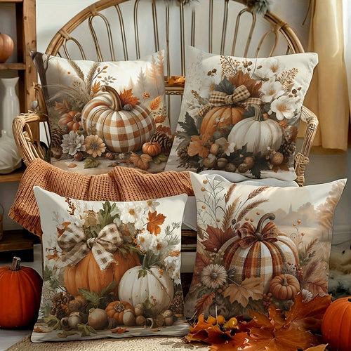 4pcs Fall Thanksgiving Throw Pillow Covers, Double-Sided Print Earth Tone Pumpkin And Autumn Leaves Decor Cushion Cases, Autumn-Themed Bedding Pillowcases, Holiday Decoration For Home Bedroom Bed