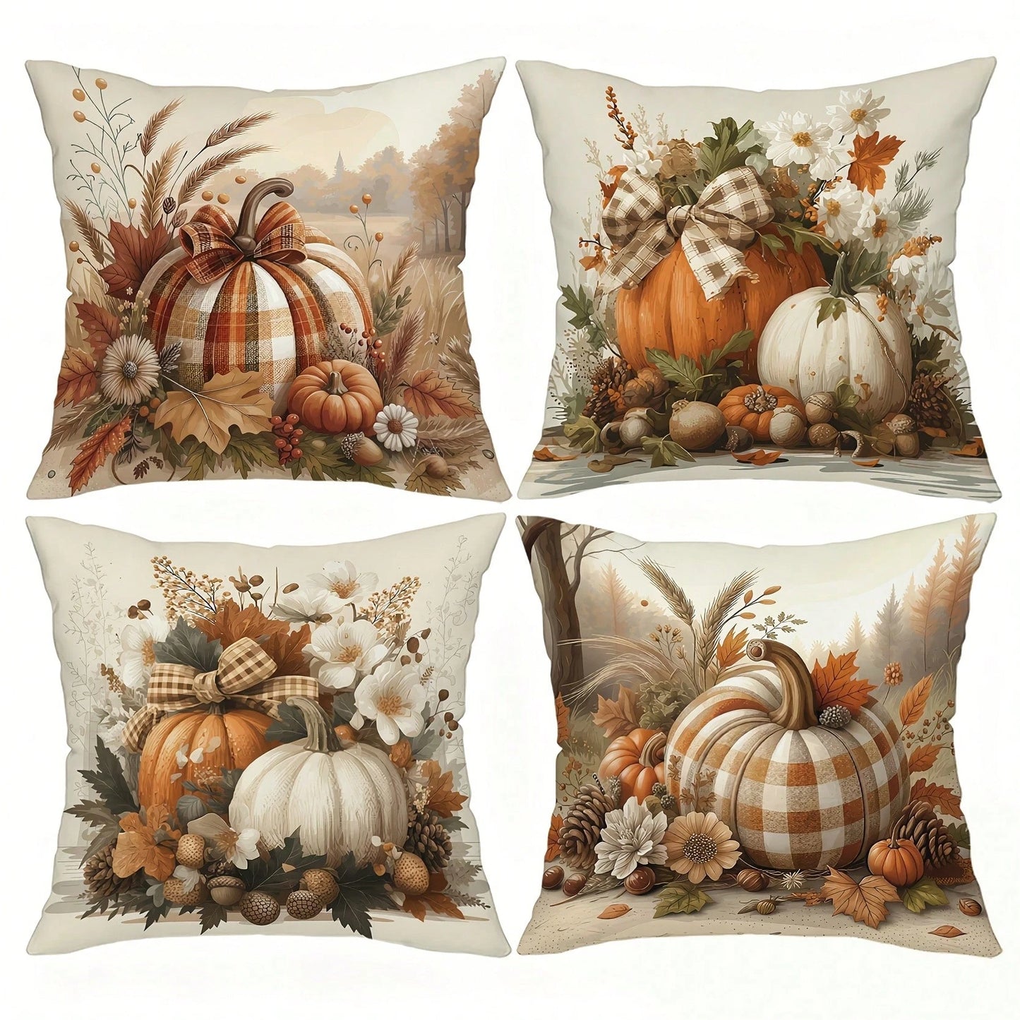 4pcs Fall Thanksgiving Throw Pillow Covers, Double-Sided Print Earth Tone Pumpkin And Autumn Leaves Decor Cushion Cases, Autumn-Themed Bedding Pillowcases, Holiday Decoration For Home Bedroom Bed