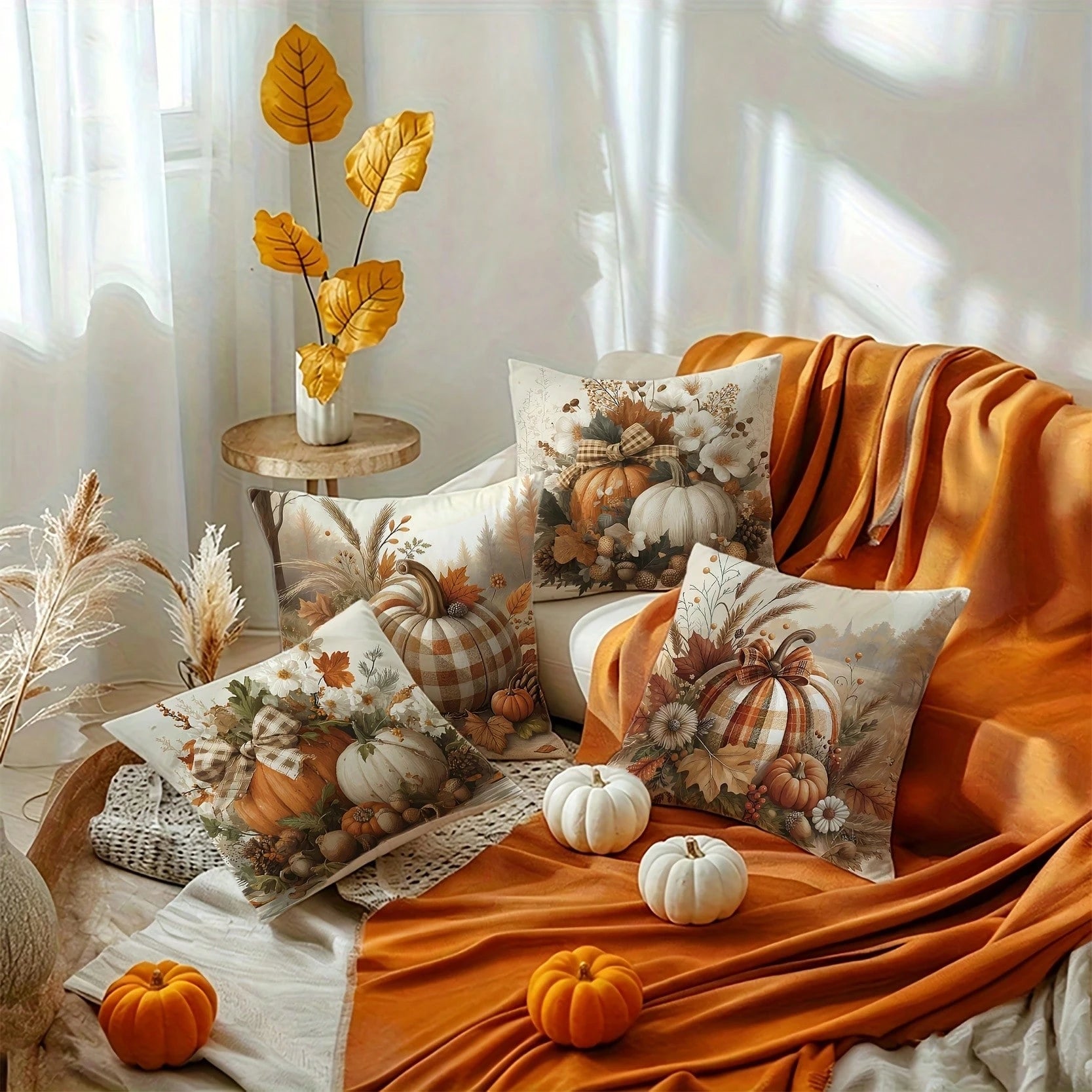4pcs Fall Thanksgiving Throw Pillow Covers, Double-Sided Print Earth Tone Pumpkin And Autumn Leaves Decor Cushion Cases, Autumn-Themed Bedding Pillowcases, Holiday Decoration For Home Bedroom Bed