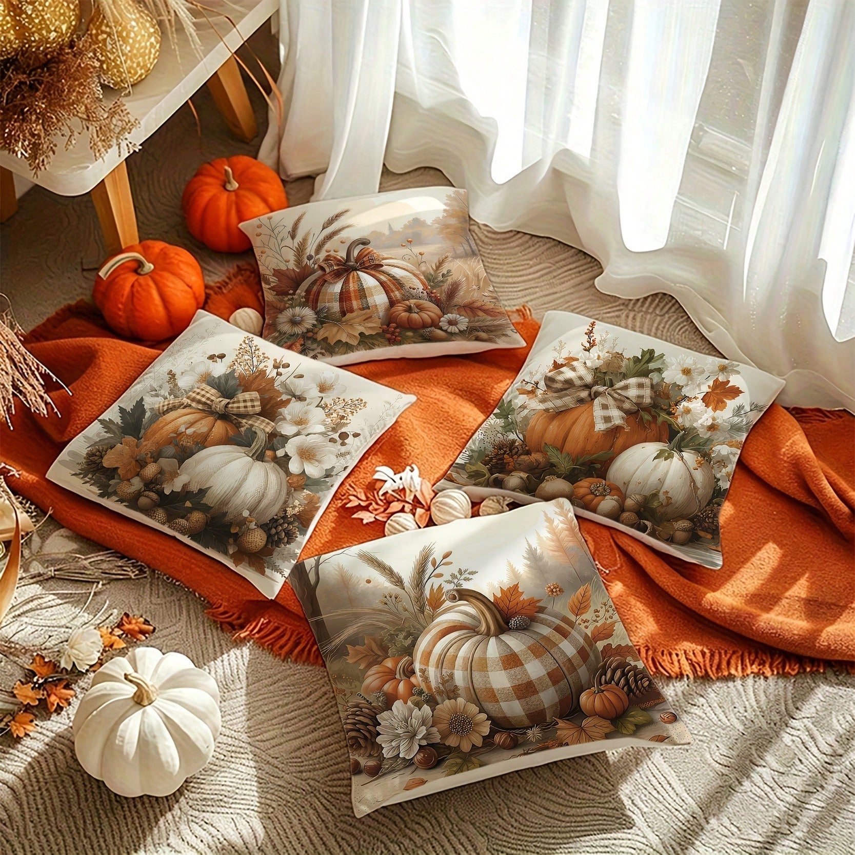 4pcs Fall Thanksgiving Throw Pillow Covers, Double-Sided Print Earth Tone Pumpkin And Autumn Leaves Decor Cushion Cases, Autumn-Themed Bedding Pillowcases, Holiday Decoration For Home Bedroom Bed