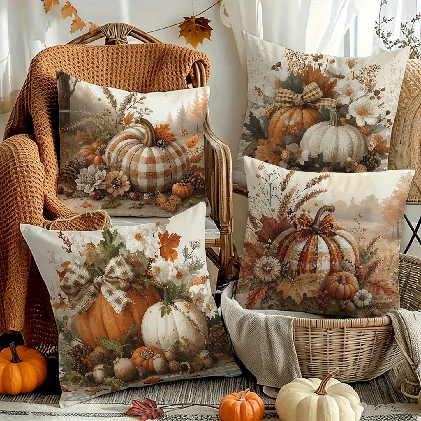 4pcs Fall Thanksgiving Throw Pillow Covers, Double-Sided Print Earth Tone Pumpkin And Autumn Leaves Decor Cushion Cases, Autumn-Themed Bedding Pillowcases, Holiday Decoration For Home Bedroom Bed