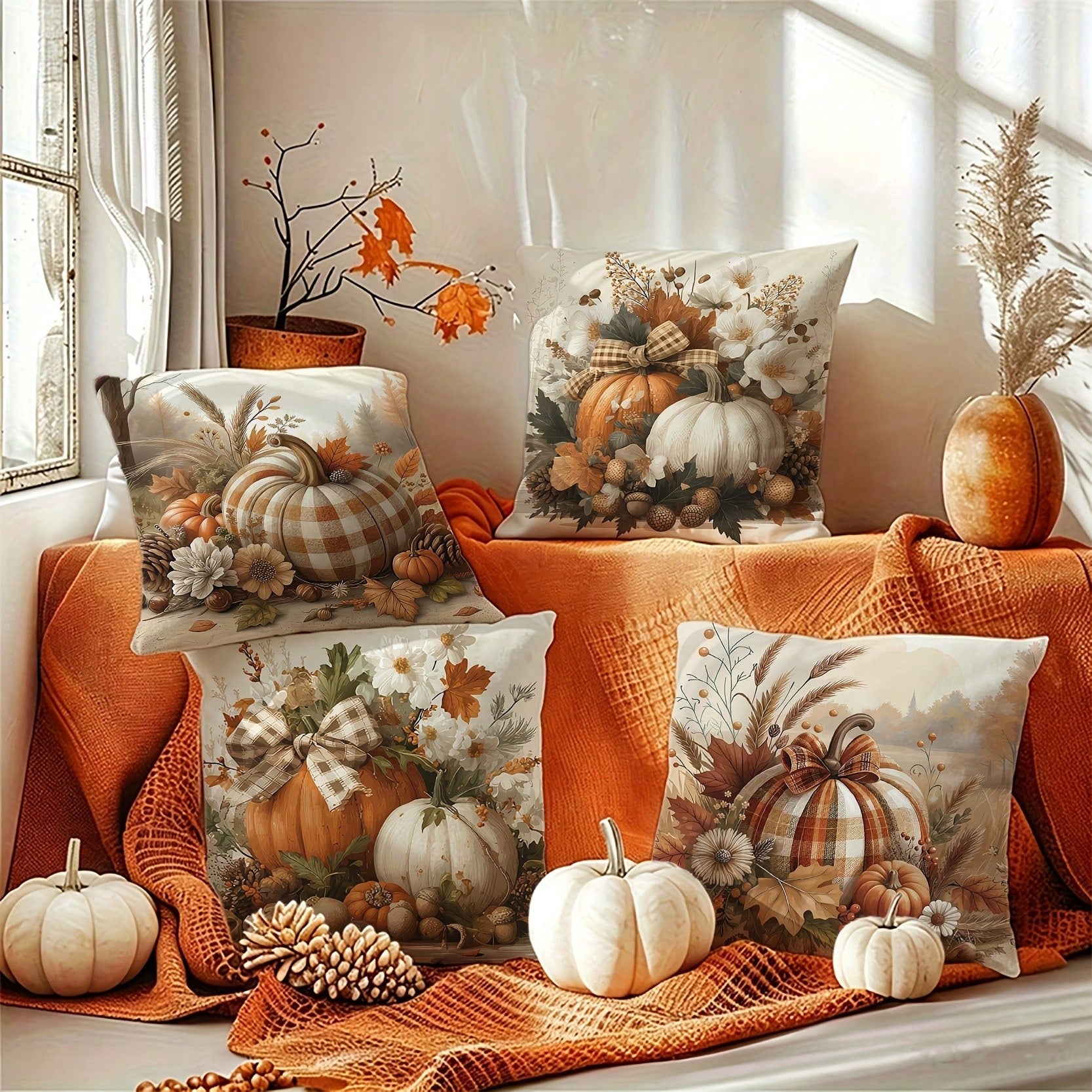 4pcs Fall Thanksgiving Throw Pillow Covers, Double-Sided Print Earth Tone Pumpkin And Autumn Leaves Decor Cushion Cases, Autumn-Themed Bedding Pillowcases, Holiday Decoration For Home Bedroom Bed