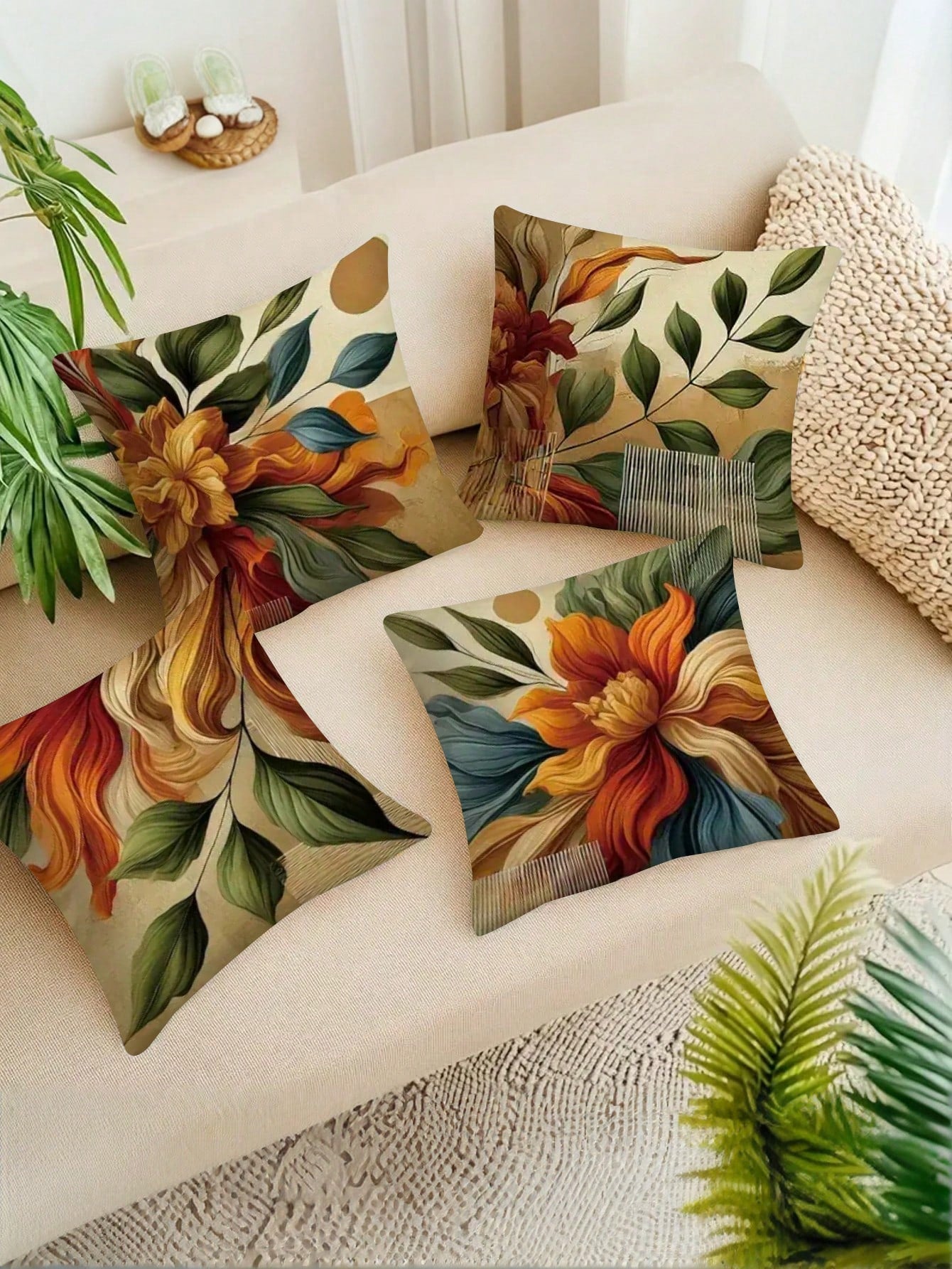 4pcs Floral Pattern Throw Pillow Covers, Mixed Color Design, Retro Style, Polyester Fabric, Zipper Closure, Machine Washable, Soft & Comfortable, Suitable For Decorating Living Room, Bedroom, Sofa, Au