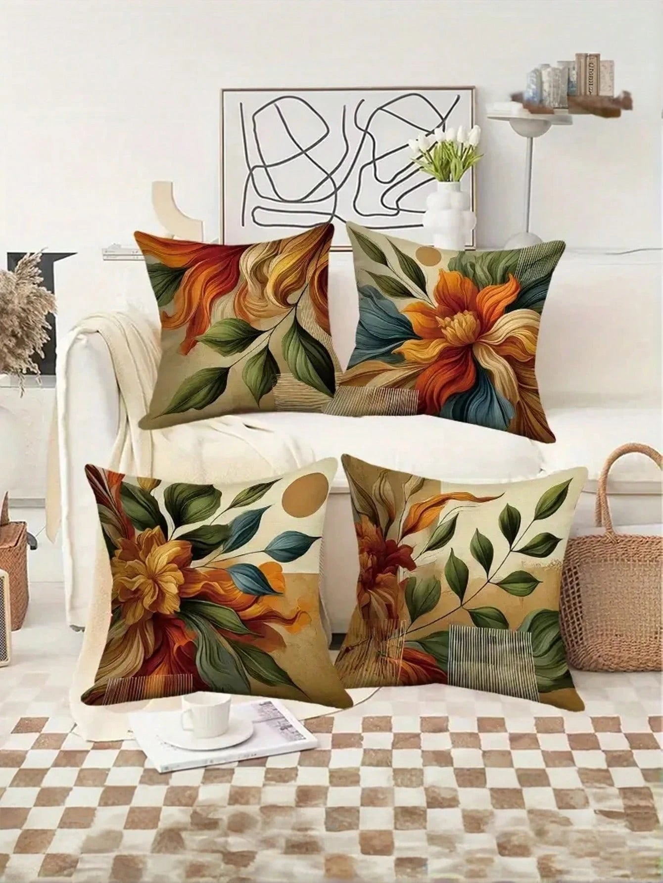4pcs Floral Pattern Throw Pillow Covers, Mixed Color Design, Retro Style, Polyester Fabric, Zipper Closure, Machine Washable, Soft & Comfortable, Suitable For Decorating Living Room, Bedroom, Sofa, Au