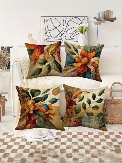 4pcs Floral Pattern Throw Pillow Covers, Mixed Color Design, Retro Style, Polyester Fabric, Zipper Closure, Machine Washable, Soft & Comfortable, Suitable For Decorating Living Room, Bedroom, Sofa, Au