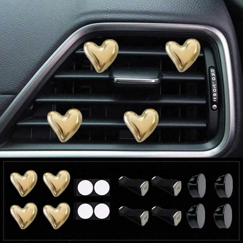 4pcs Gold & Silver Heart-Shaped Air Vent Clips, Cute Car Accessories, No Fragrance- For Decoration Only. Fashionable Design| Lightweight Metal Coated Heart Decor, Colorful Car Accessories, Punk Styl