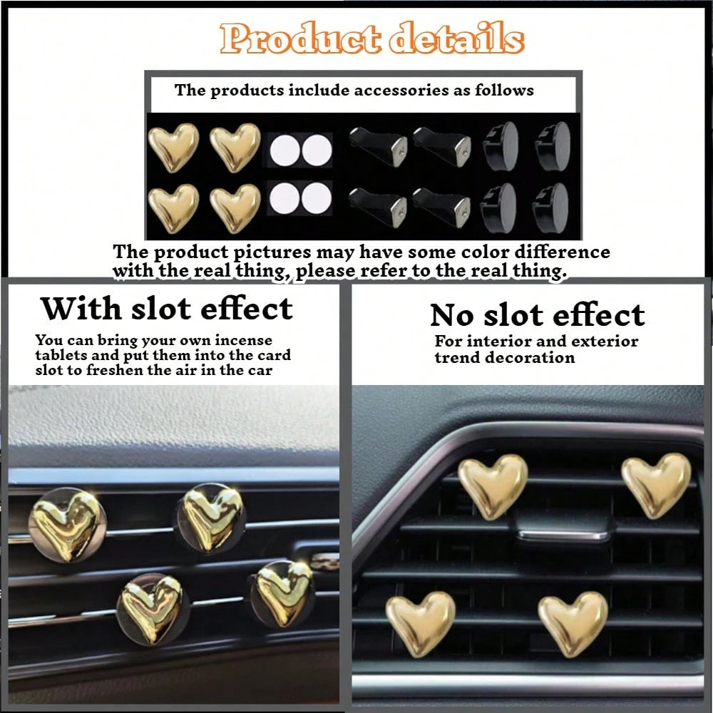 4pcs Gold & Silver Heart-Shaped Air Vent Clips, Cute Car Accessories, No Fragrance- For Decoration Only. Fashionable Design| Lightweight Metal Coated Heart Decor, Colorful Car Accessories, Punk Styl