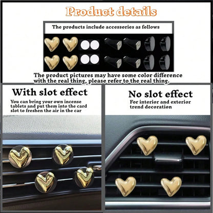 4pcs Gold & Silver Heart-Shaped Air Vent Clips, Cute Car Accessories, No Fragrance- For Decoration Only. Fashionable Design| Lightweight Metal Coated Heart Decor, Colorful Car Accessories, Punk Styl