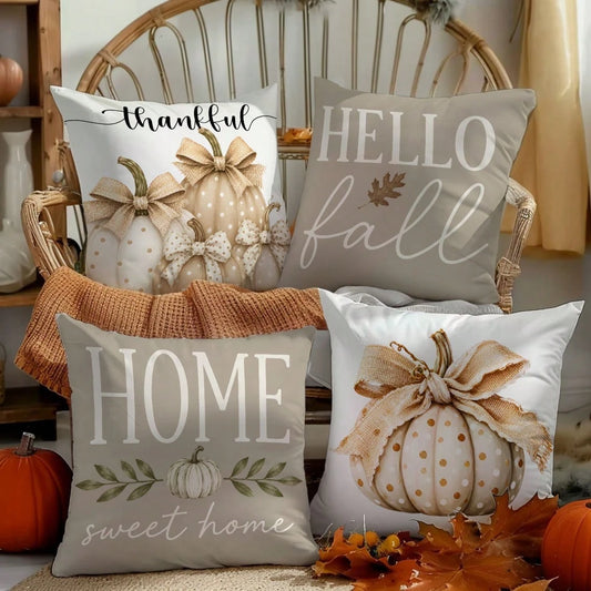 4pcs Light Gray Milk Tea Color Autumn Harvest Pumpkin Print Pillow Covers [Without Pillow Insert], 40*40cm/45*45cm/50*50cm, [Single-Sided Printing] Made Of Polyester Material Polka Dot White Pumpkin B
