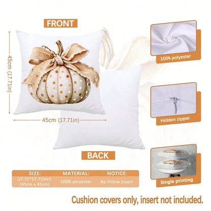 4pcs Light Gray Milk Tea Color Autumn Harvest Pumpkin Print Pillow Covers [Without Pillow Insert], 40*40cm/45*45cm/50*50cm, [Single-Sided Printing] Made Of Polyester Material Polka Dot White Pumpkin B