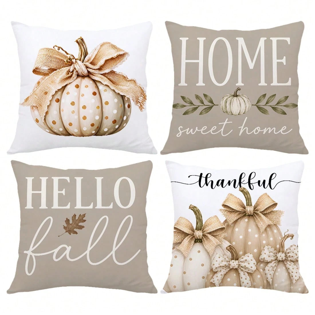 4pcs Light Gray Milk Tea Color Autumn Harvest Pumpkin Print Pillow Covers [Without Pillow Insert], 40*40cm/45*45cm/50*50cm, [Single-Sided Printing] Made Of Polyester Material Polka Dot White Pumpkin B