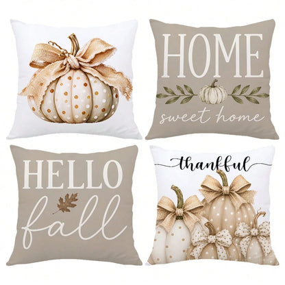 4pcs Light Gray Milk Tea Color Autumn Harvest Pumpkin Print Pillow Covers [Without Pillow Insert], 40*40cm/45*45cm/50*50cm, [Single-Sided Printing] Made Of Polyester Material Polka Dot White Pumpkin B