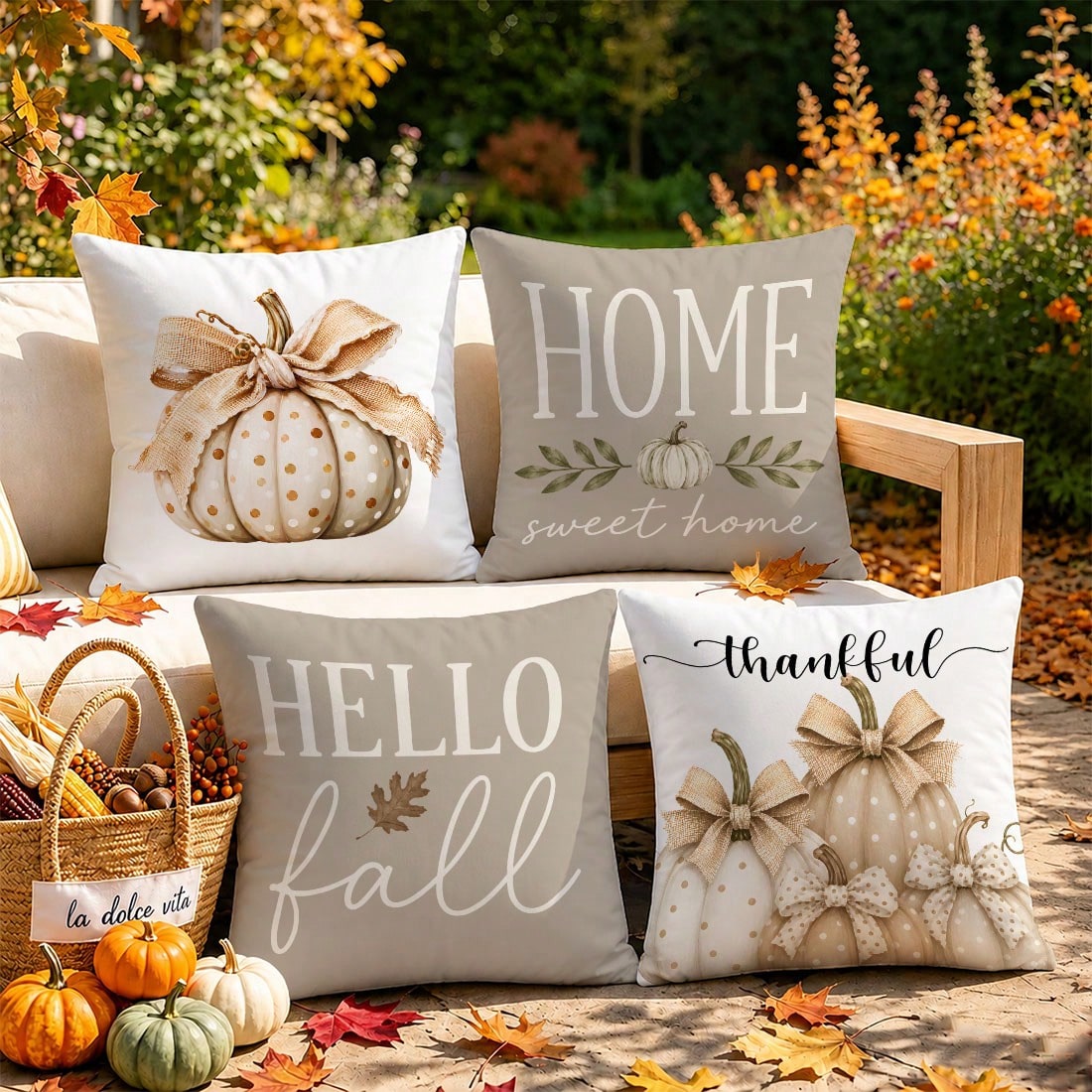 4pcs Light Gray Milk Tea Color Autumn Harvest Pumpkin Print Pillow Covers [Without Pillow Insert], 40*40cm/45*45cm/50*50cm, [Single-Sided Printing] Made Of Polyester Material Polka Dot White Pumpkin B