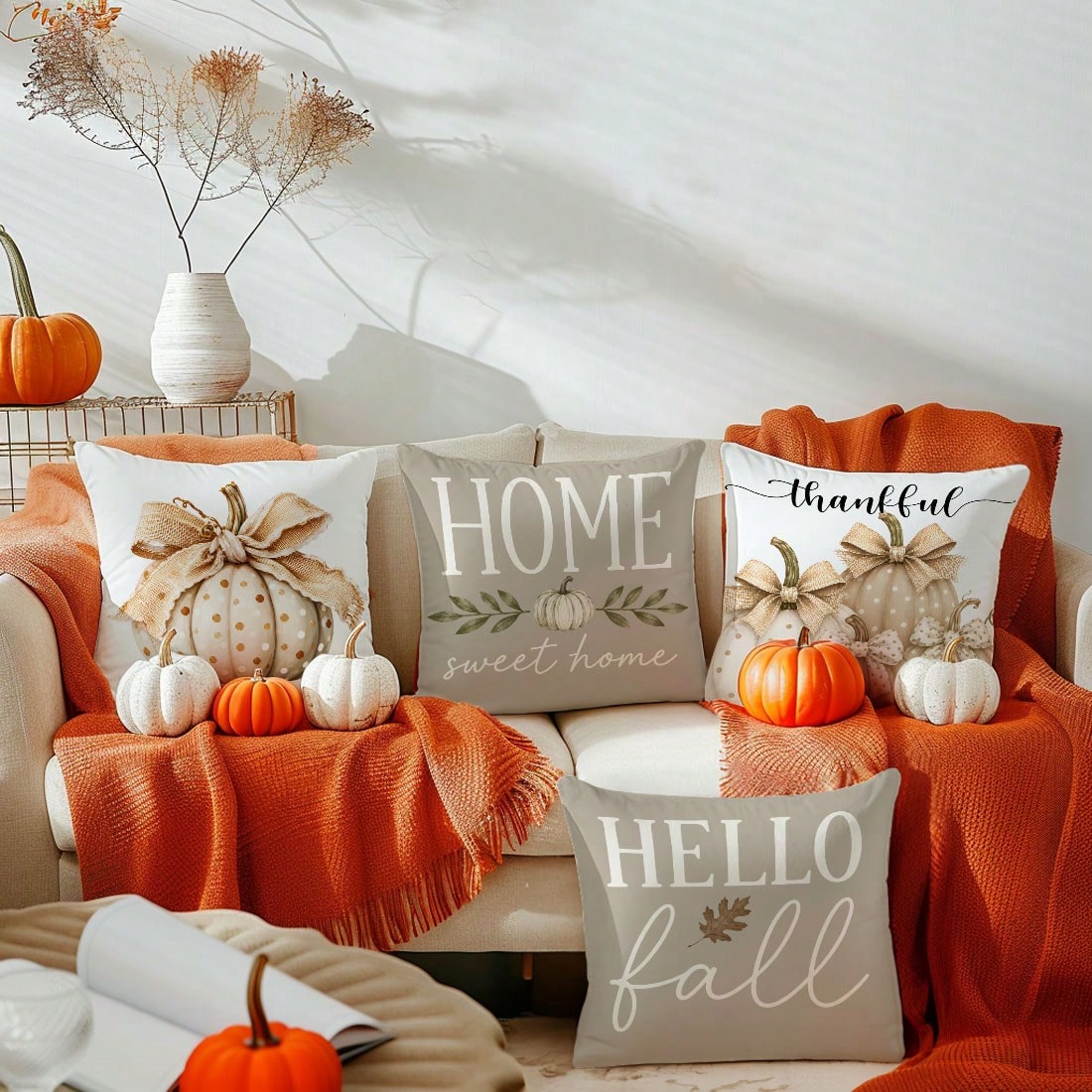 4pcs Light Gray Milk Tea Color Autumn Harvest Pumpkin Print Pillow Covers [Without Pillow Insert], 40*40cm/45*45cm/50*50cm, [Single-Sided Printing] Made Of Polyester Material Polka Dot White Pumpkin B