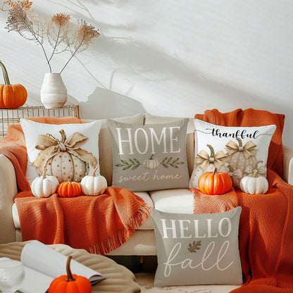 4pcs Light Gray Milk Tea Color Autumn Harvest Pumpkin Print Pillow Covers [Without Pillow Insert], 40*40cm/45*45cm/50*50cm, [Single-Sided Printing] Made Of Polyester Material Polka Dot White Pumpkin B