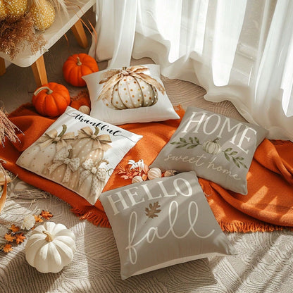 4pcs Light Gray Milk Tea Color Autumn Harvest Pumpkin Print Pillow Covers [Without Pillow Insert], 40*40cm/45*45cm/50*50cm, [Single-Sided Printing] Made Of Polyester Material Polka Dot White Pumpkin B