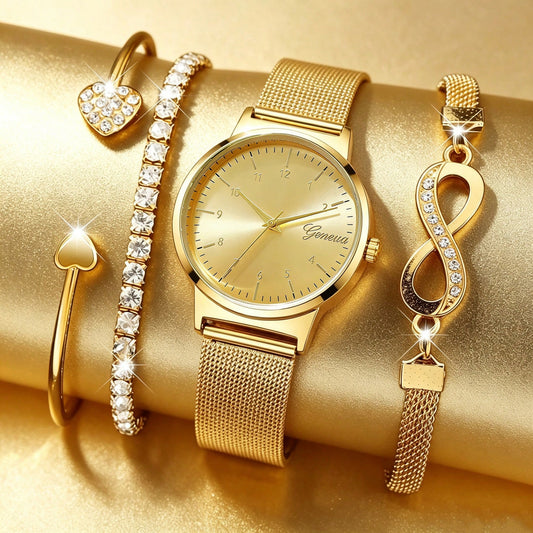 4pcs Luxury Gold & Silver Dual-Tone Watch Set, Mesh Band Quartz Watch + Multiple Rhinestone Bracelets, Suitable For Date & Commute, Perfect Gift For Women